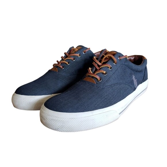 Polo Ralph Lauren  Men's Size US 11.5D Blue Canvas Thorton Brown Leather Sneaker - Picture 1 of 11